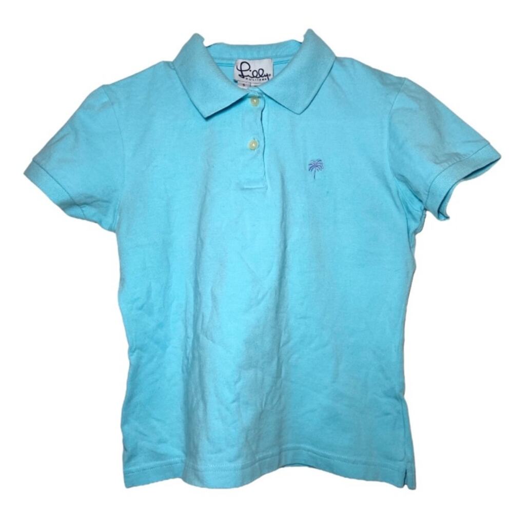 Vintage Lilly Pulitzer Polo Y2K Shirt Short Sleeve Palm Tree Chest Logo Blue S